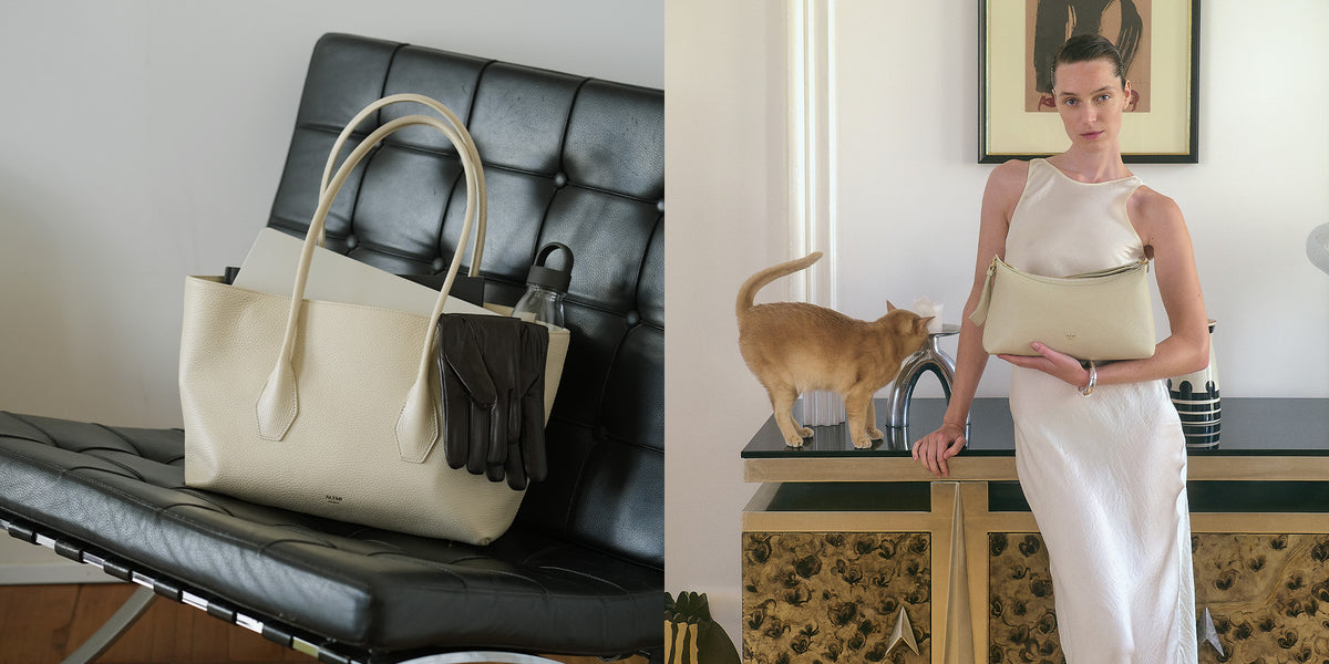 ALEMI Zurich | IDA and LETTEN SMALL | Sandstone | Soft Grain Leather | IDA on leather chair and model carrying LETTEN SMALL on shoulder