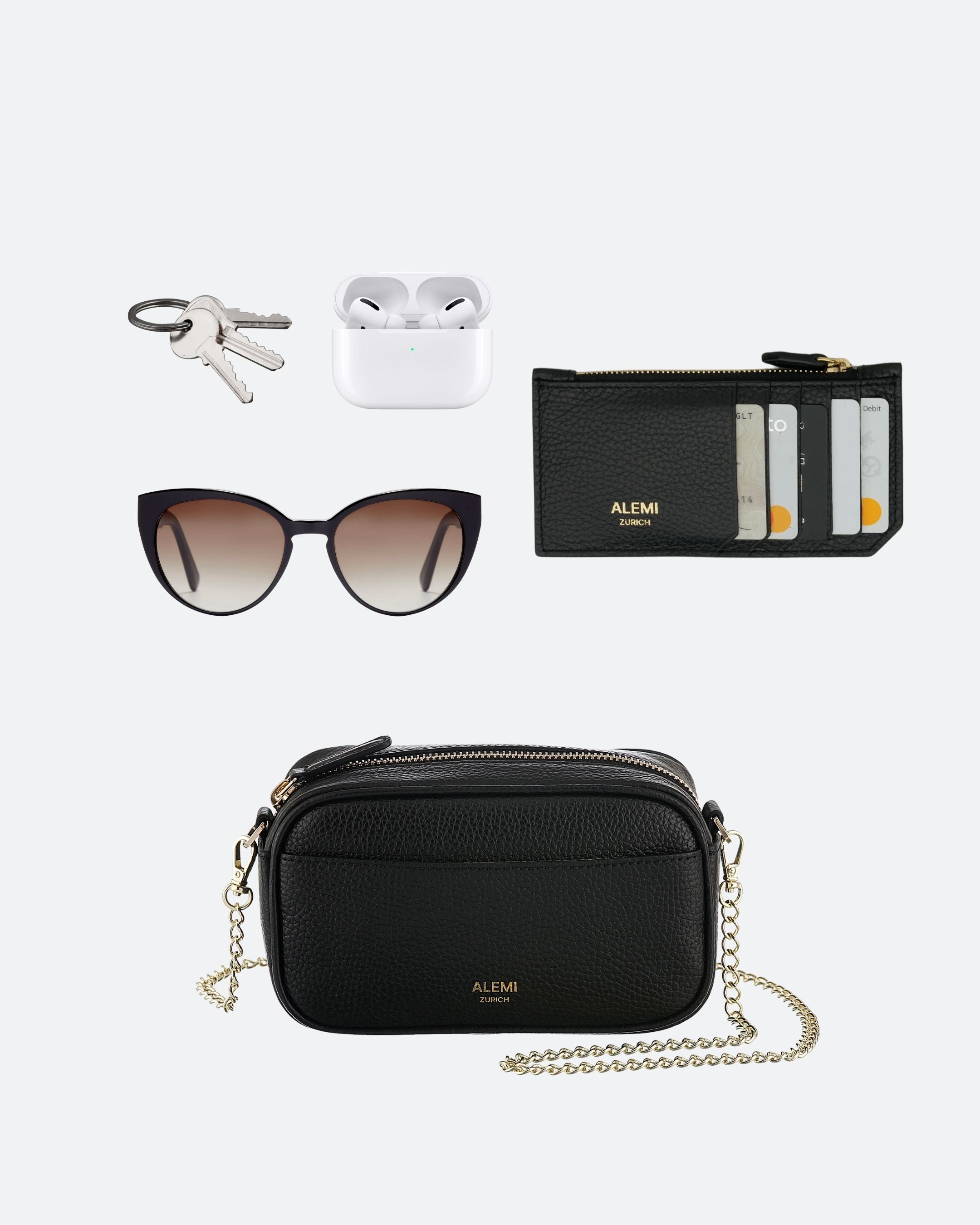 ALEMI Zurich | BELVOIR | Small Bag | Black | Soft Grain Leather | Bag with items