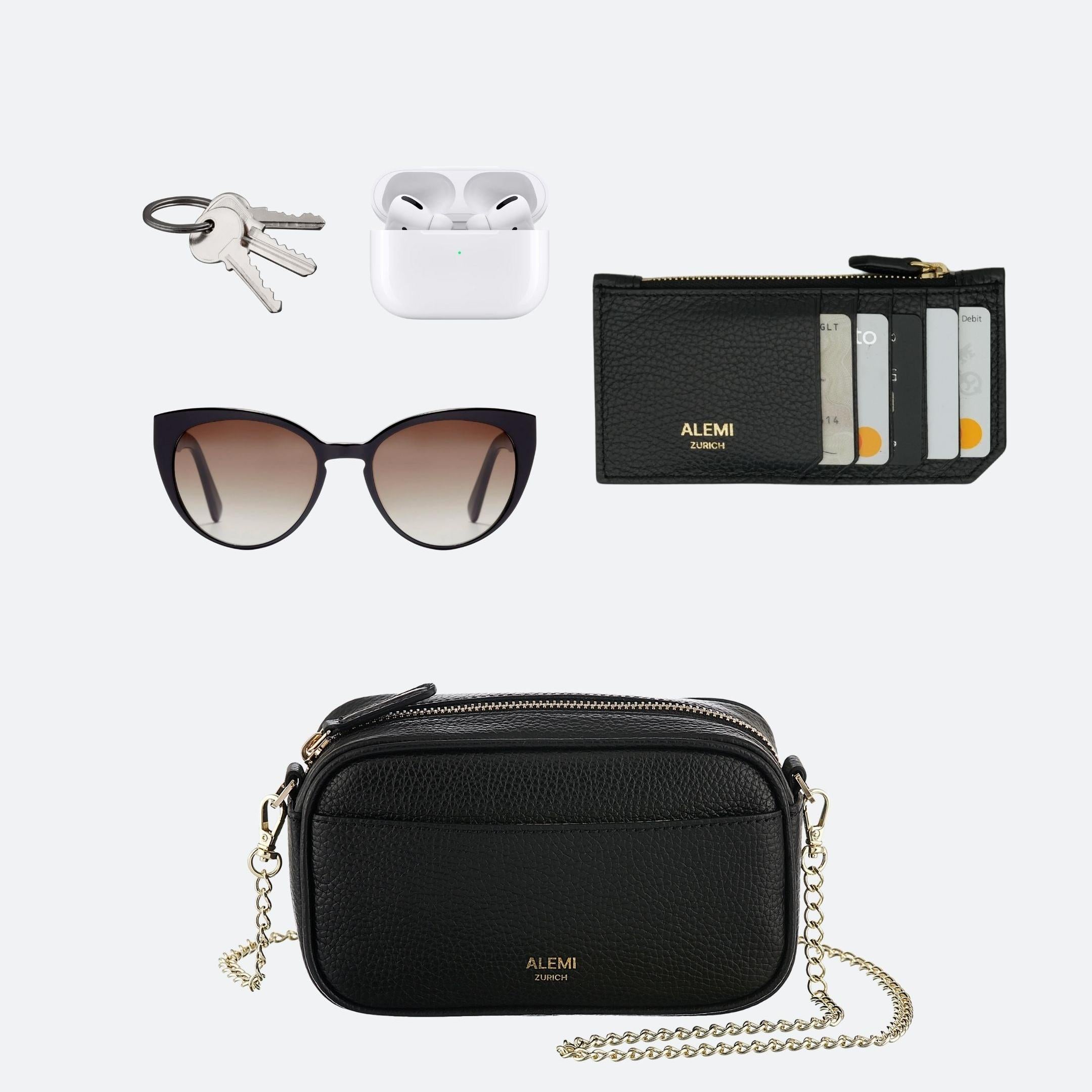 ALEMI Zurich | BELVOIR | Small Bag | Black | Soft Grain Leather | Bag with items