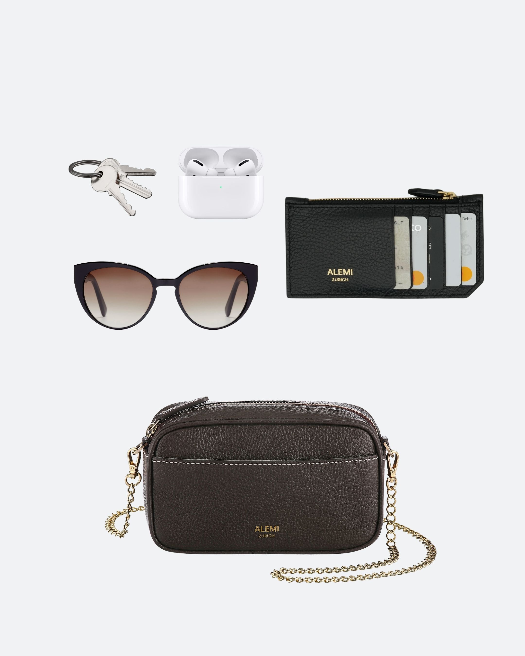 ALEMI Zurich | BELVOIR | Small Bag | Dark Brown Embossed | Soft Grain Leather | What fits in my bag