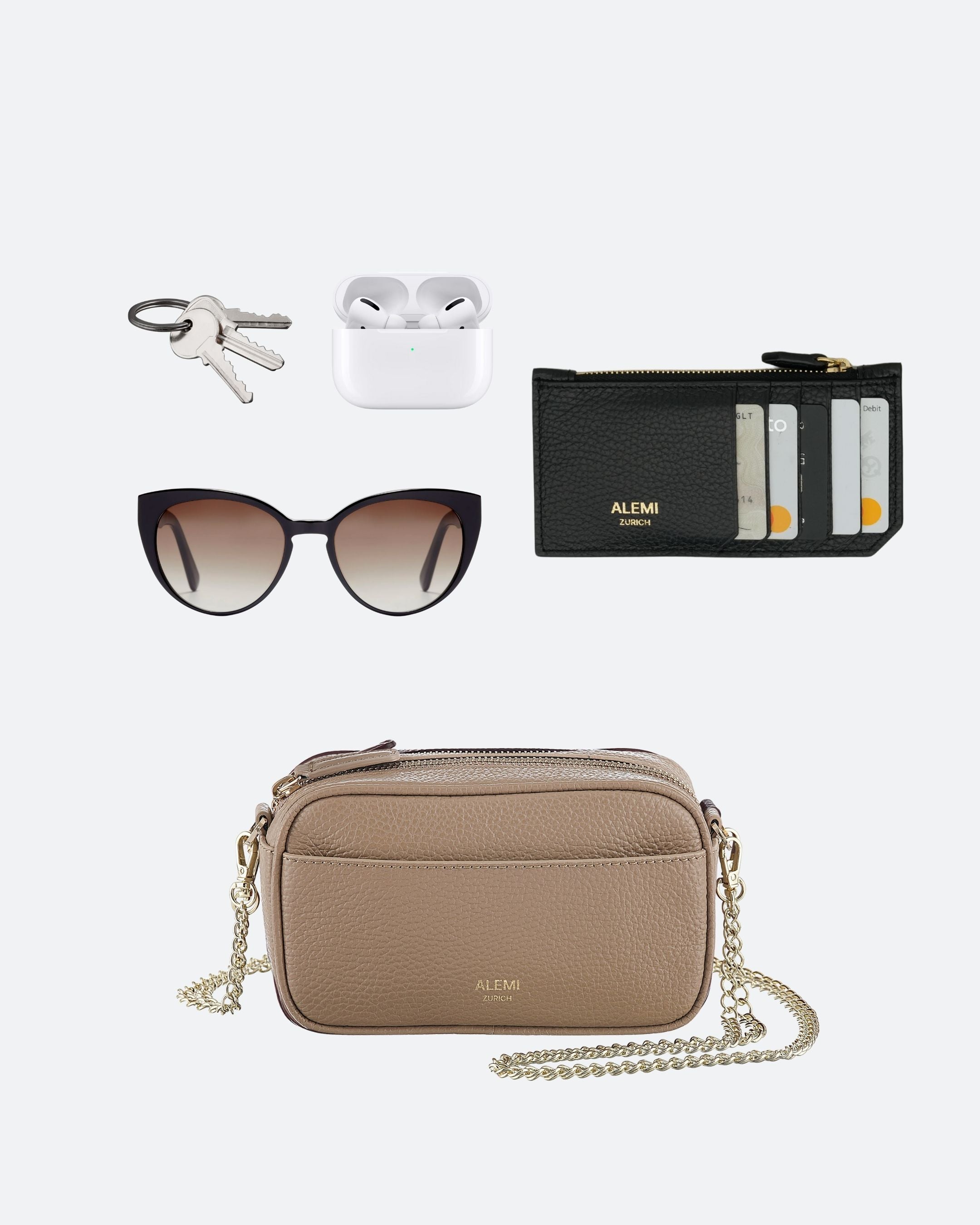 ALEMI Zurich | BELVOIR | Small Bag | Greige | Soft Grain Leather | Bag with items