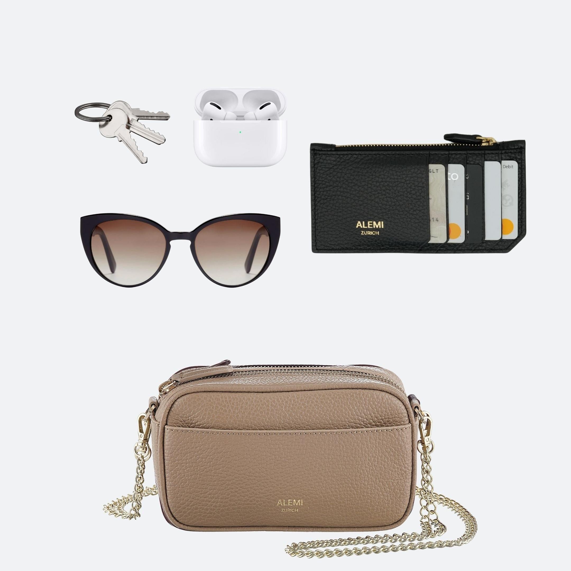 ALEMI Zurich | BELVOIR | Small Bag | Greige | Soft Grain Leather | Bag with items