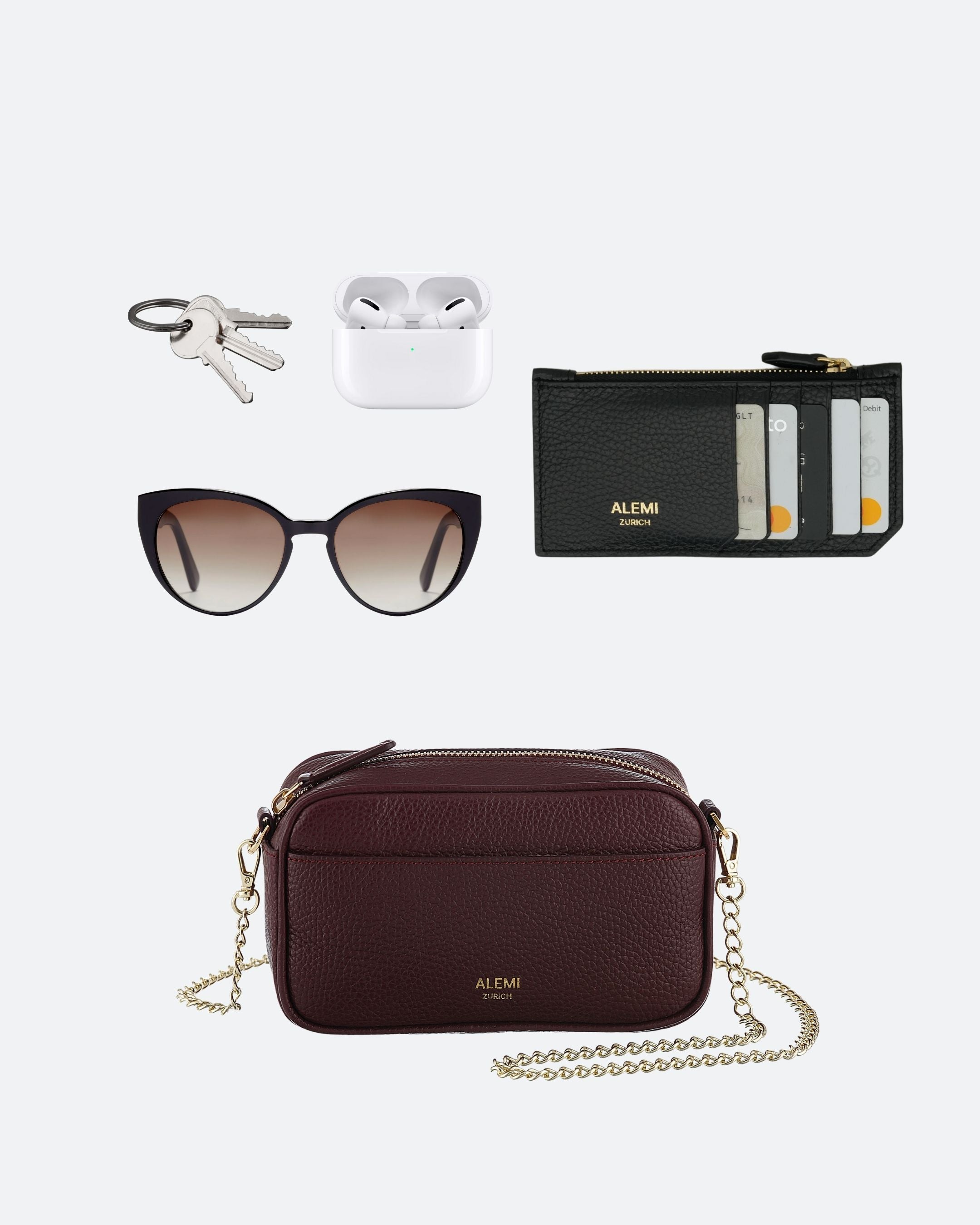 ALEMI Zurich | BELVOIR | Small Bag | Maroon Red | Soft Grain Leather | Bag with items