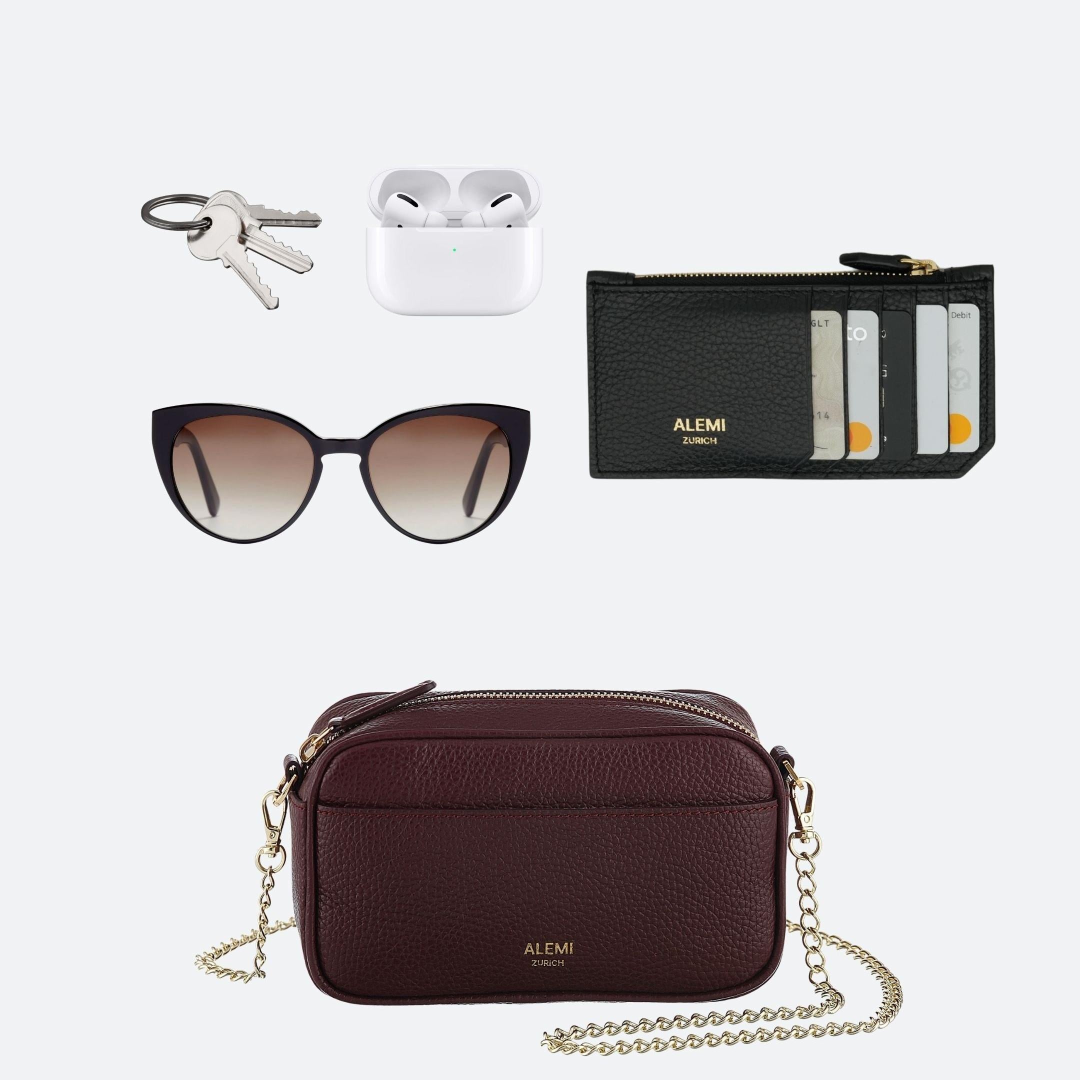 ALEMI Zurich | BELVOIR | Small Bag | Maroon Red | Soft Grain Leather | Bag with items