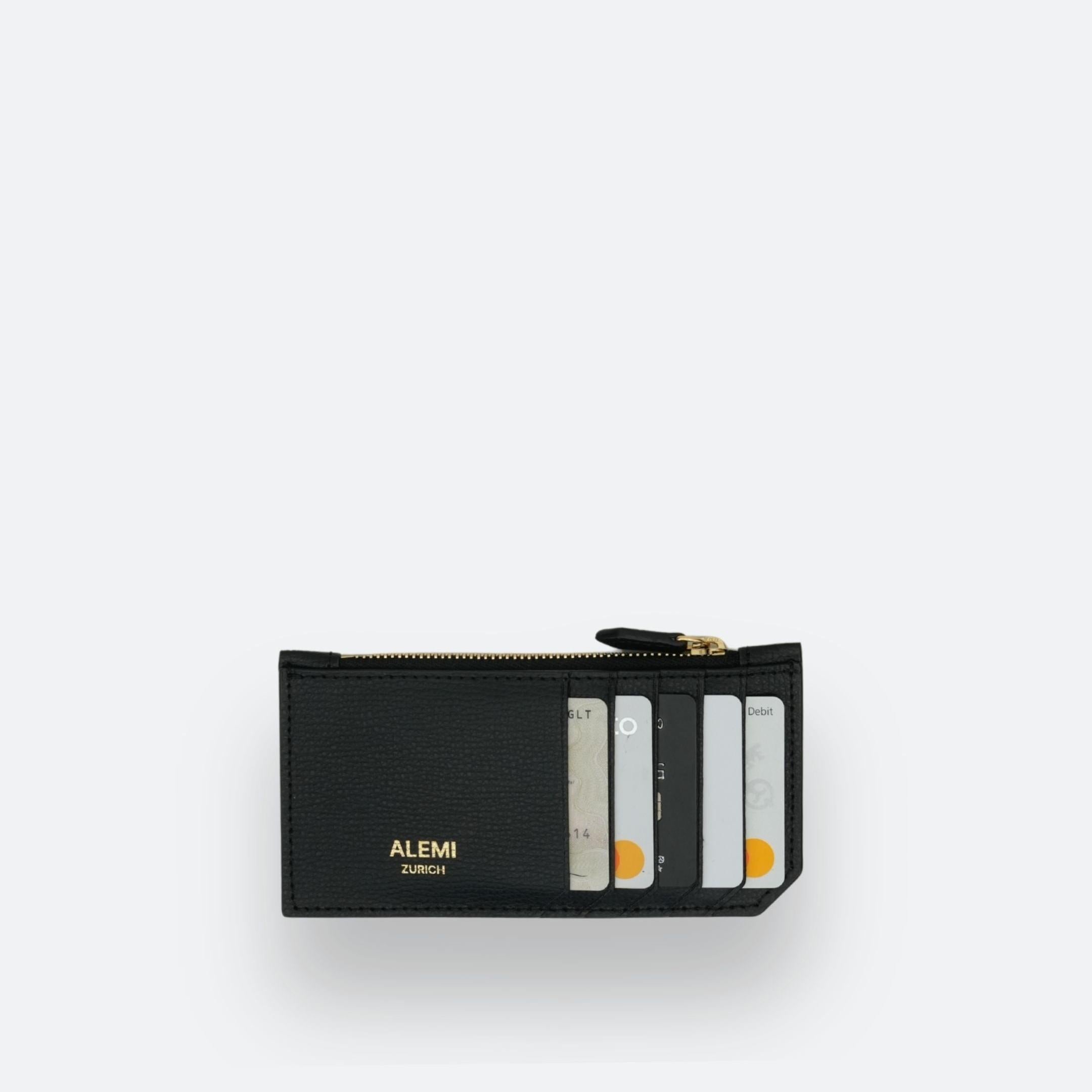ALEMI Zurich | CARDHOLDER | Accessoires | Black | Pebbled Leather | Front with cards white