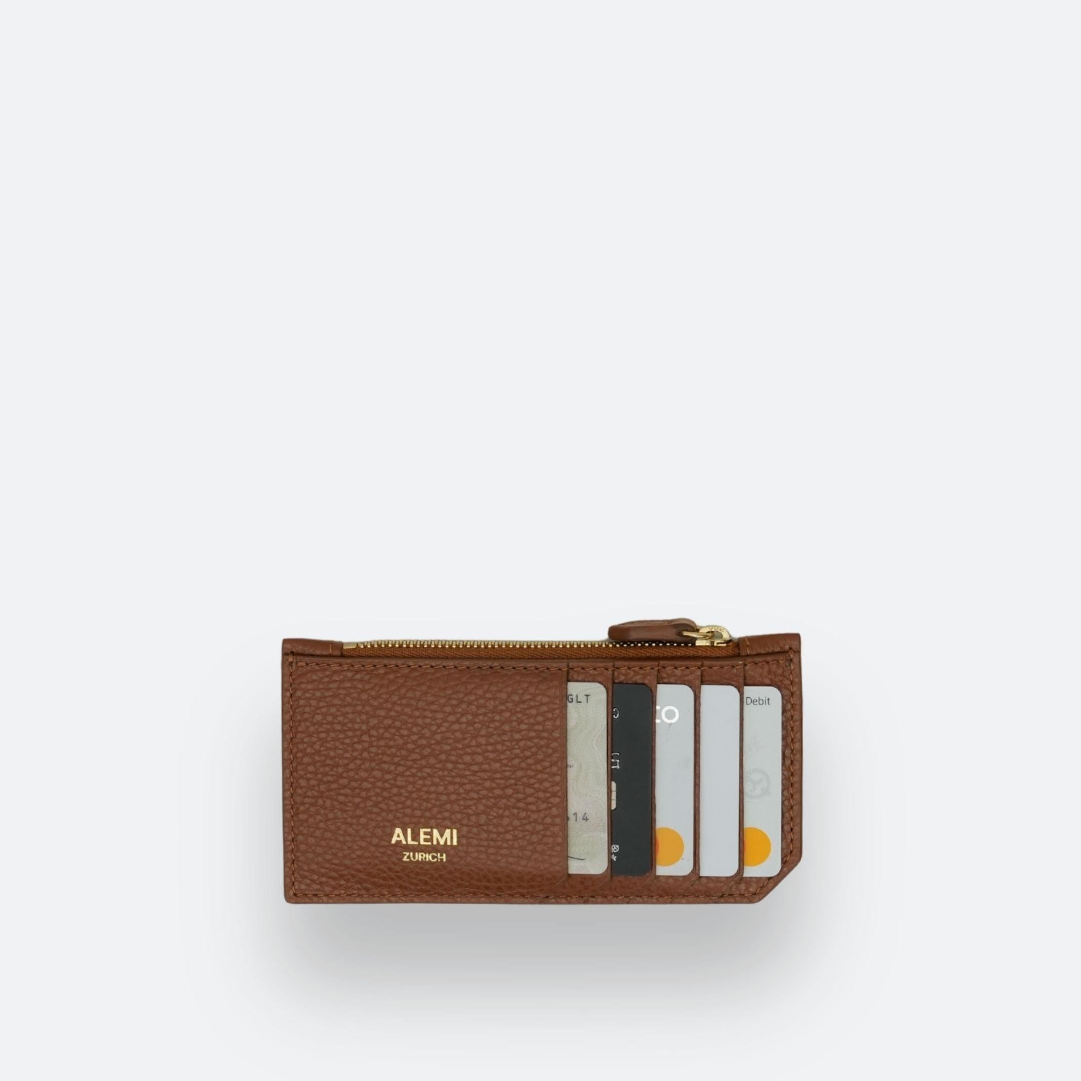 ALEMI Zurich | CARDHOLDER | Accessoires | Cognac | Soft Grain Leather | Front with cards white