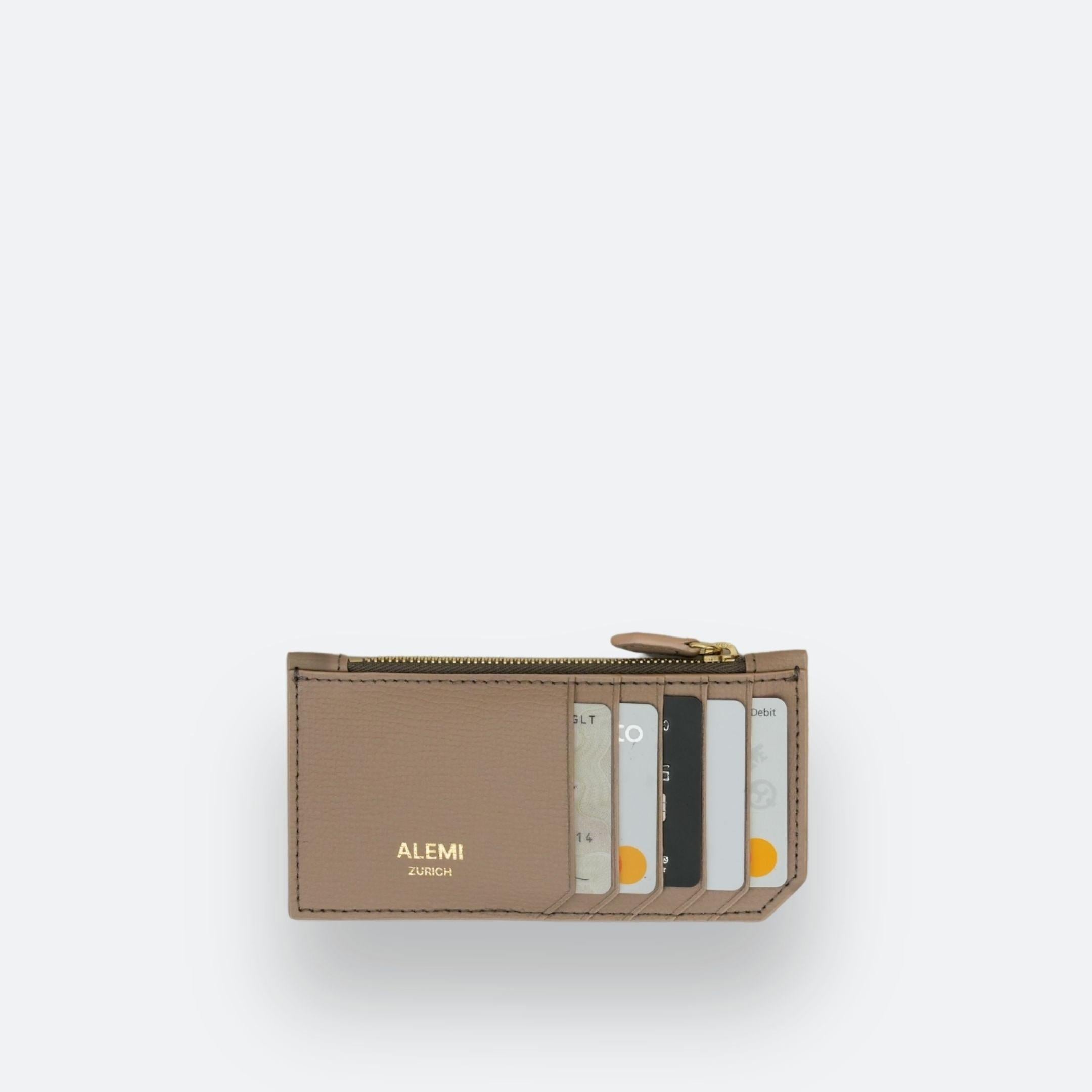 ALEMI Zurich | CARDHOLDER | Accessoires | Greige | Pebbled Leather | Front with cards white