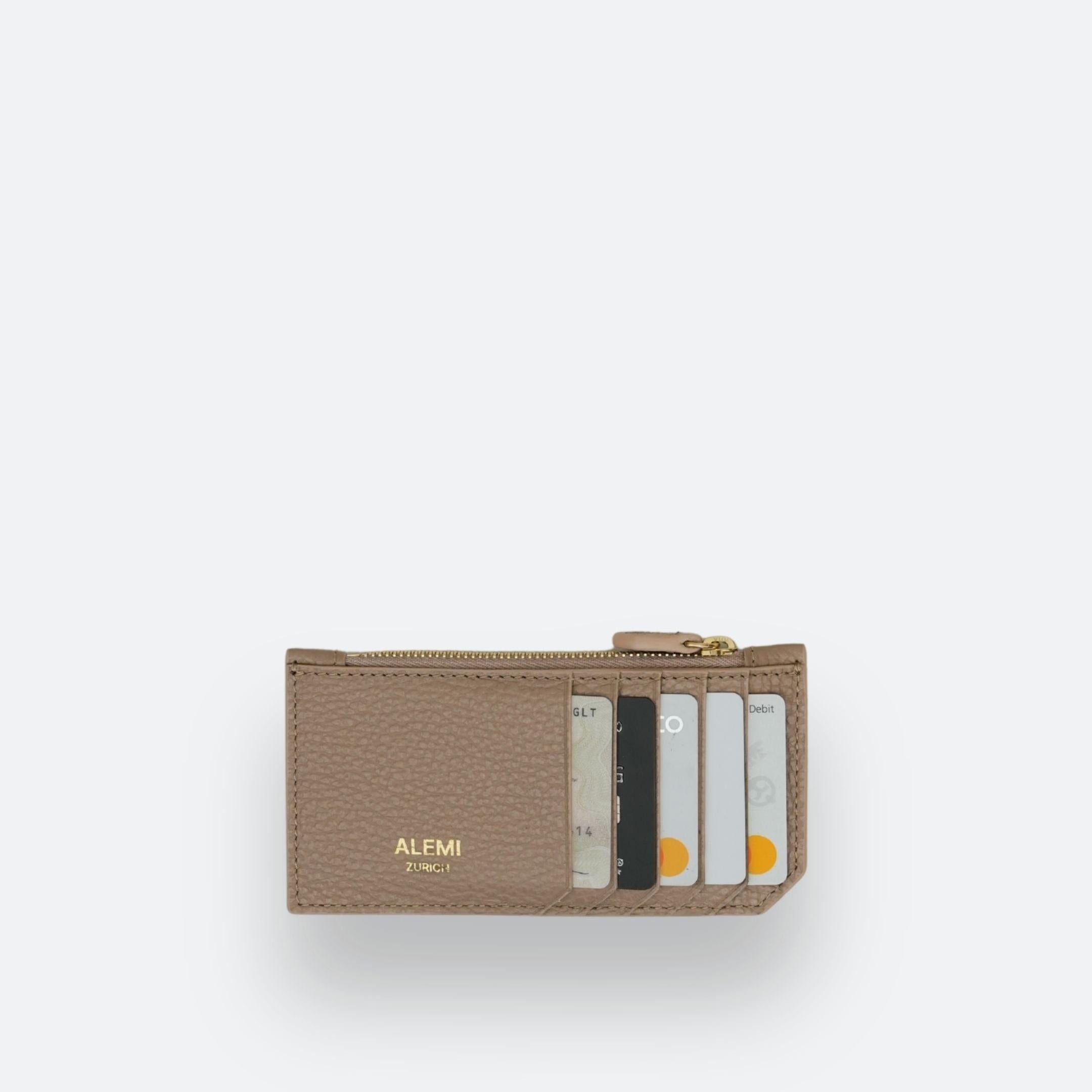 ALEMI Zurich | CARDHOLDER | Accessoires | Greige | Soft Grain Leather | Front with cards white