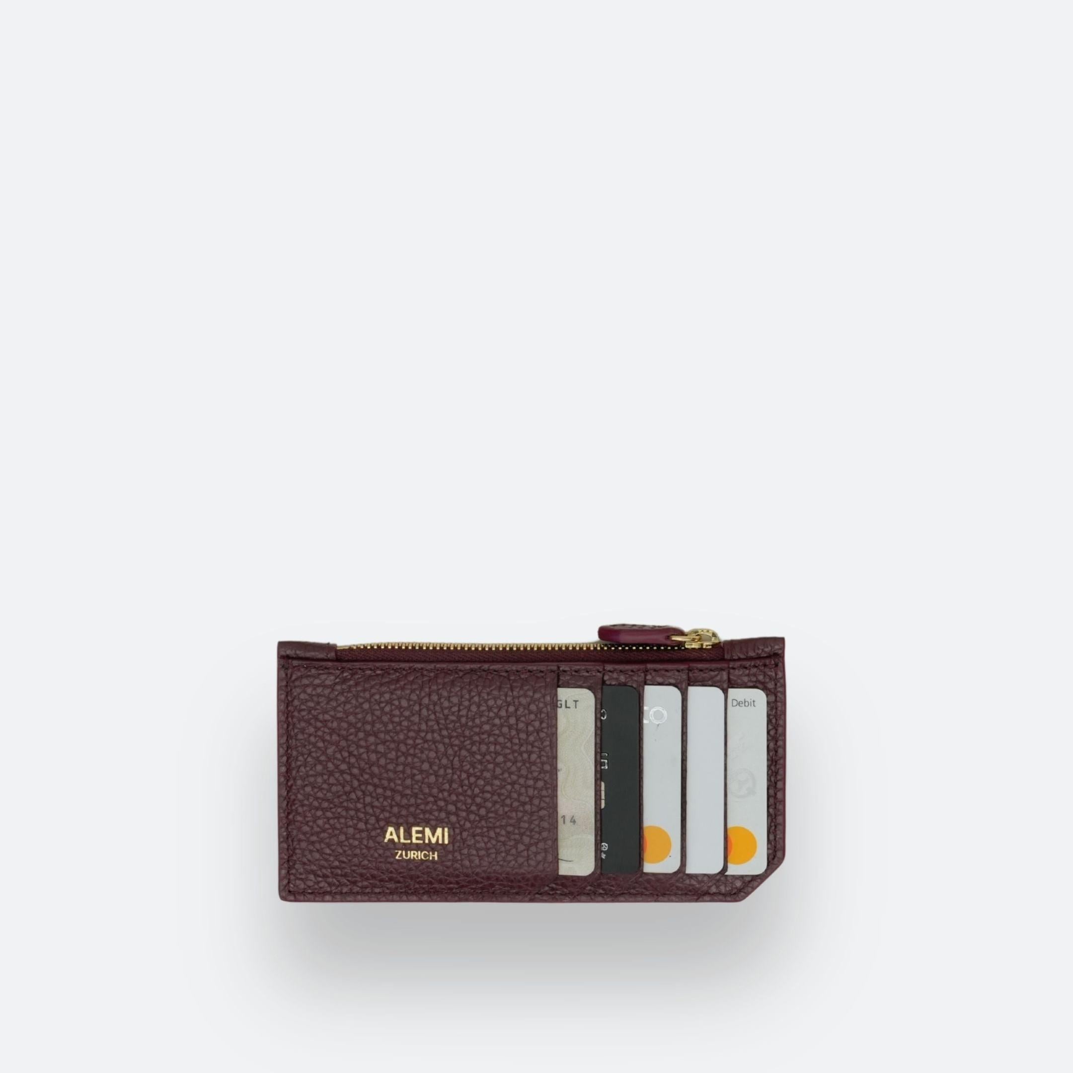 ALEMI Zurich | CARDHOLDER | Accessoires | Maroon Red | Soft Grain Leather | Front with cards white