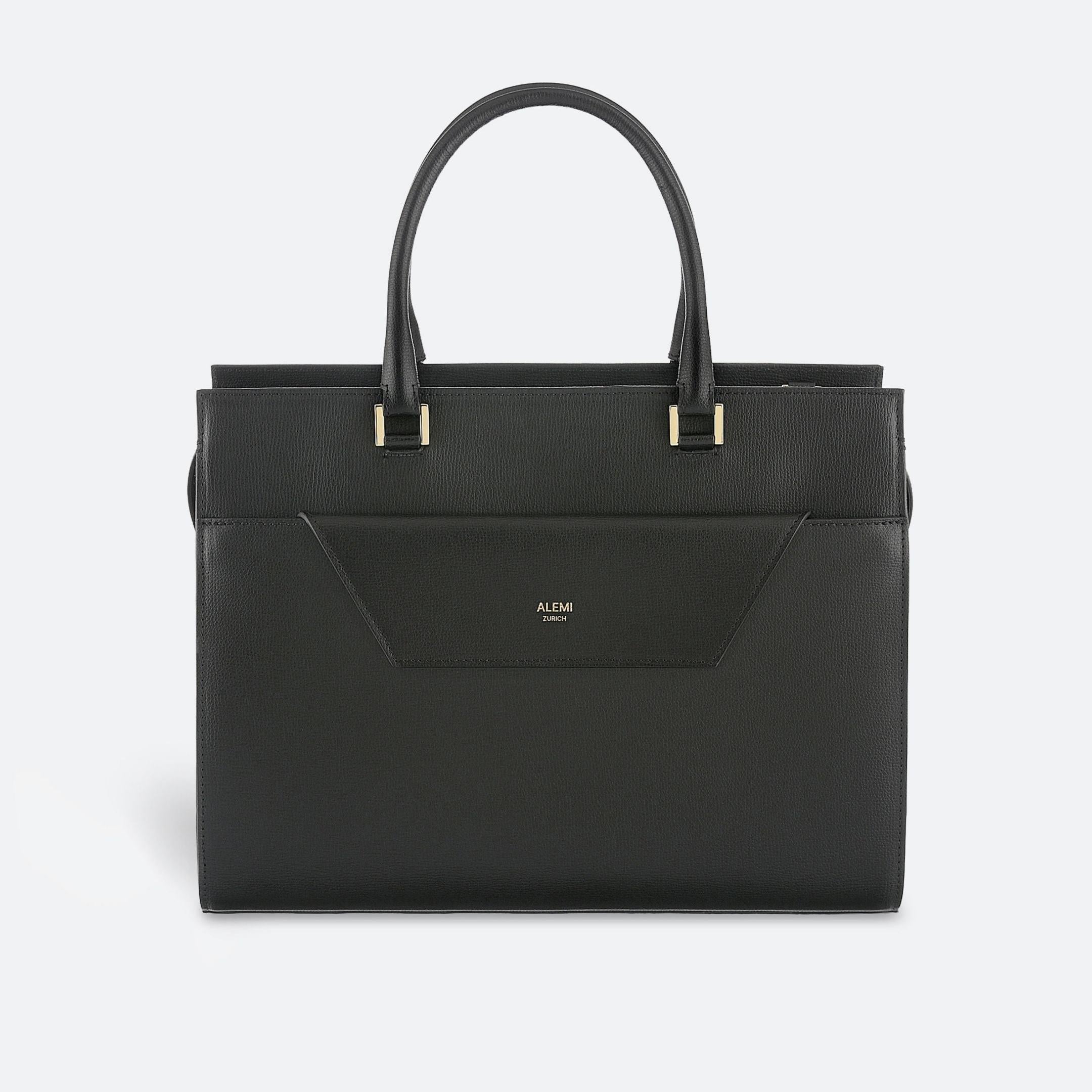 ALEMI Zurich | CENTRAL | Laptop Bag | Black | Pebbled Leather | Bag front