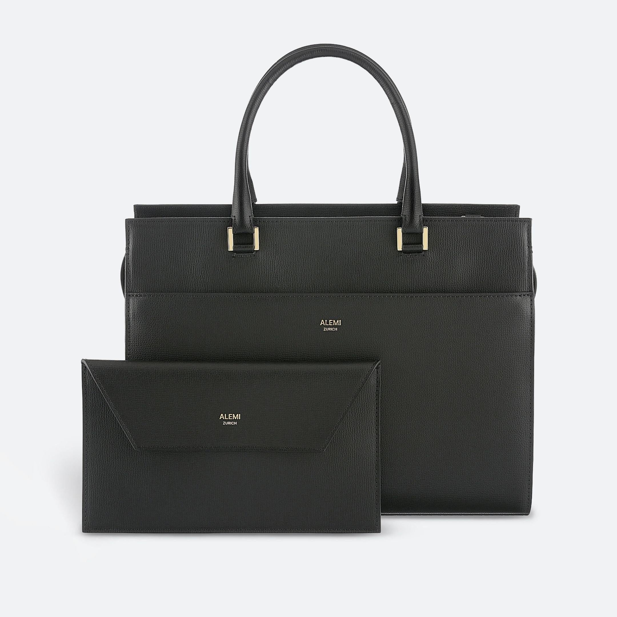 ALEMI Zurich | CENTRAL | Laptop Bag | Black | Pebbled Leather | Bag with Clutch