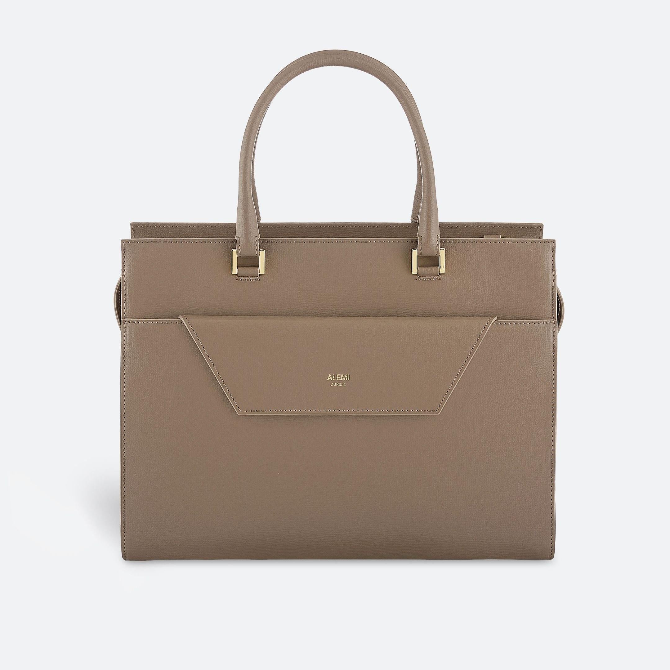 ALEMI Zurich | CENTRAL | Laptop Bag | Greige | Pebbled Leather | Bag front