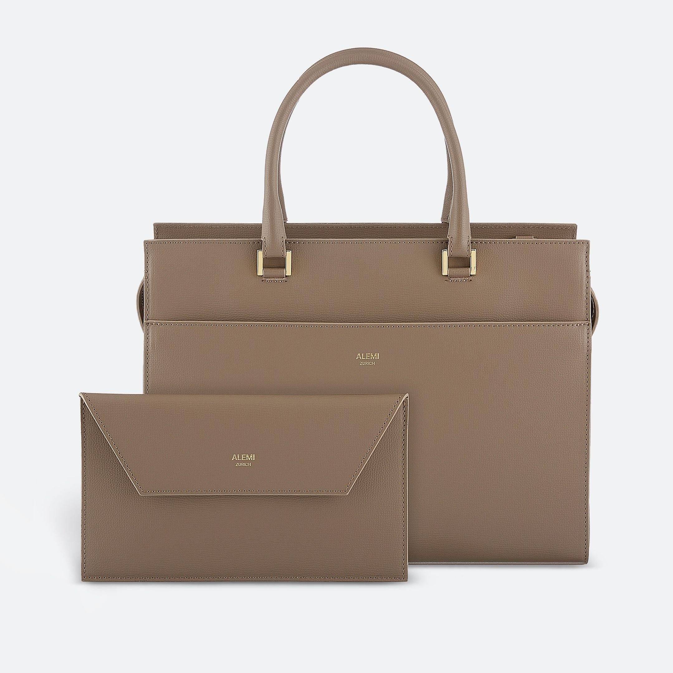 ALEMI Zurich | CENTRAL | Laptop Bag | Greige | Pebbled Leather | Bag with Clutch