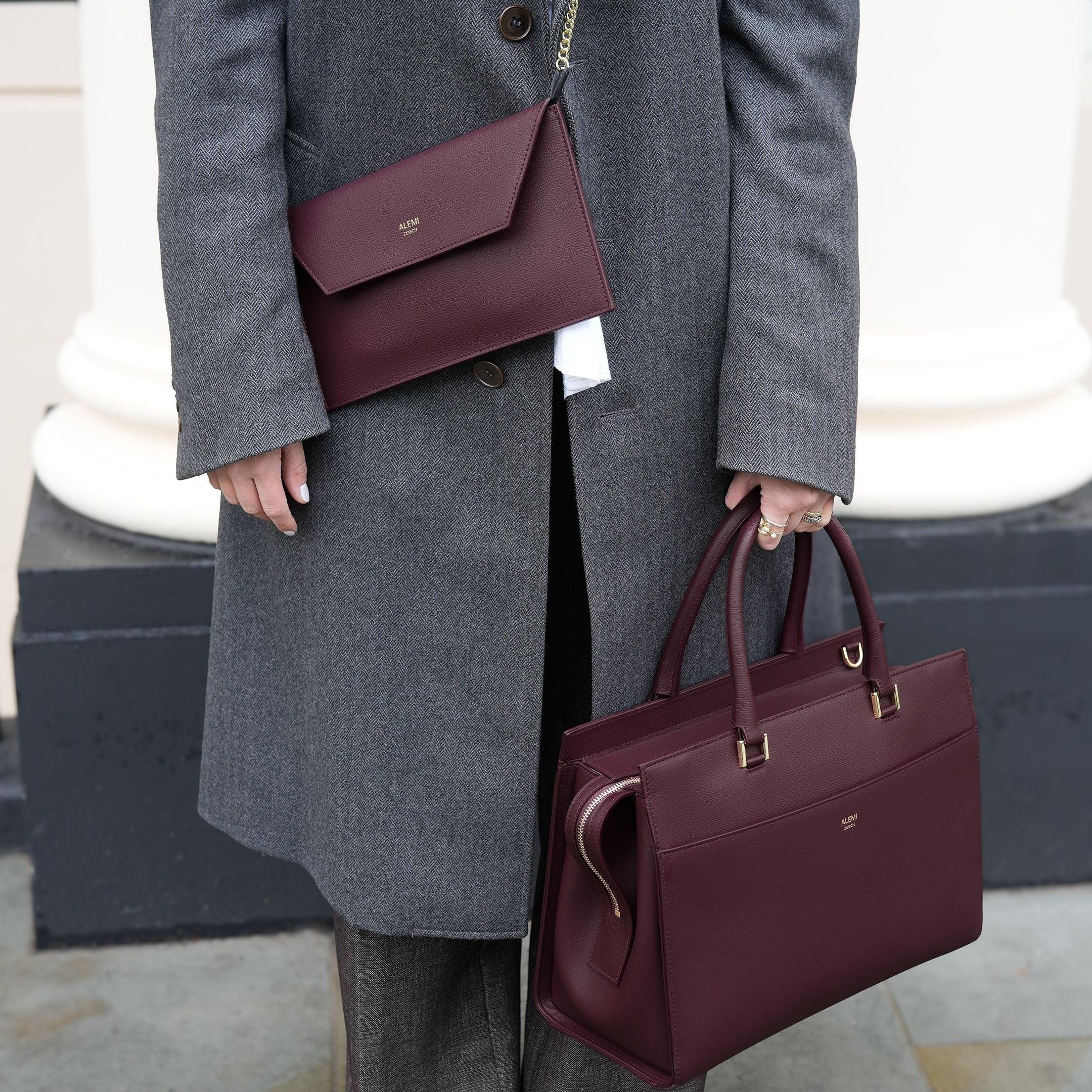 ALEMI Zurich | CENTRAL | Laptop Bag | Maroon Red | Pebbled Leather | Bag and Clutch