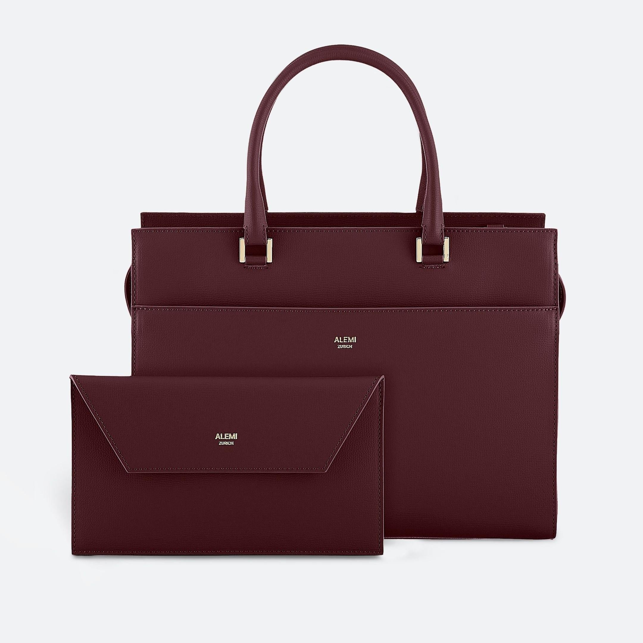 ALEMI Zurich | CENTRAL | Laptop Bag | Maroon Red | Pebbled Leather | Bag front with Clutch separately