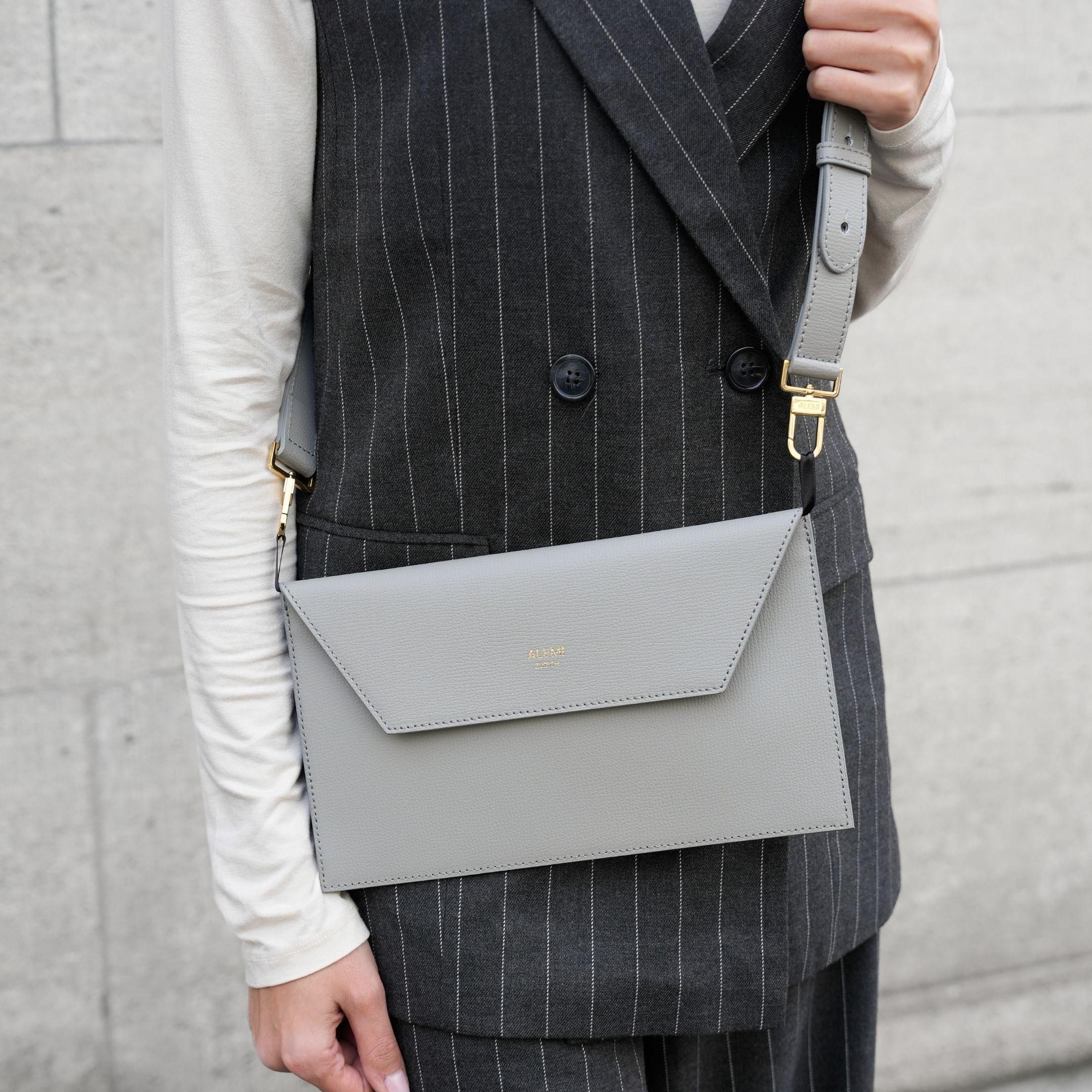ALEMI Zurich | CENTRAL | Laptop Bag | Slate Gray | Pebbled Leather | Clutch only cross-body