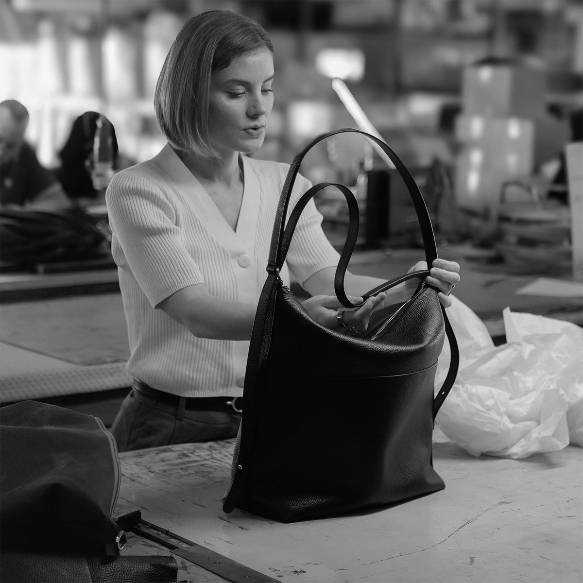 ALEMI co-founder Christina during the development of the LETTEN bag at the family-run manufactory in Italy