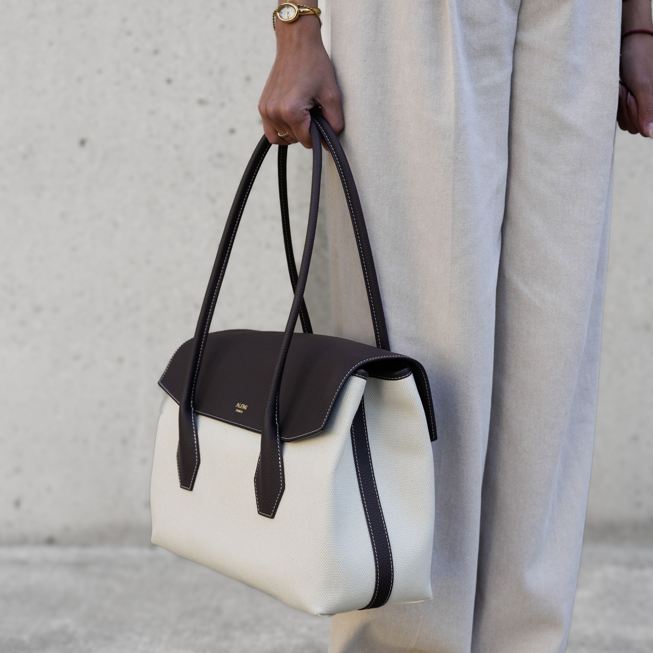 ALEMI Zurich | IDA | Laptop Bag | Beige Dark-Brown | Canvas | Top Handle