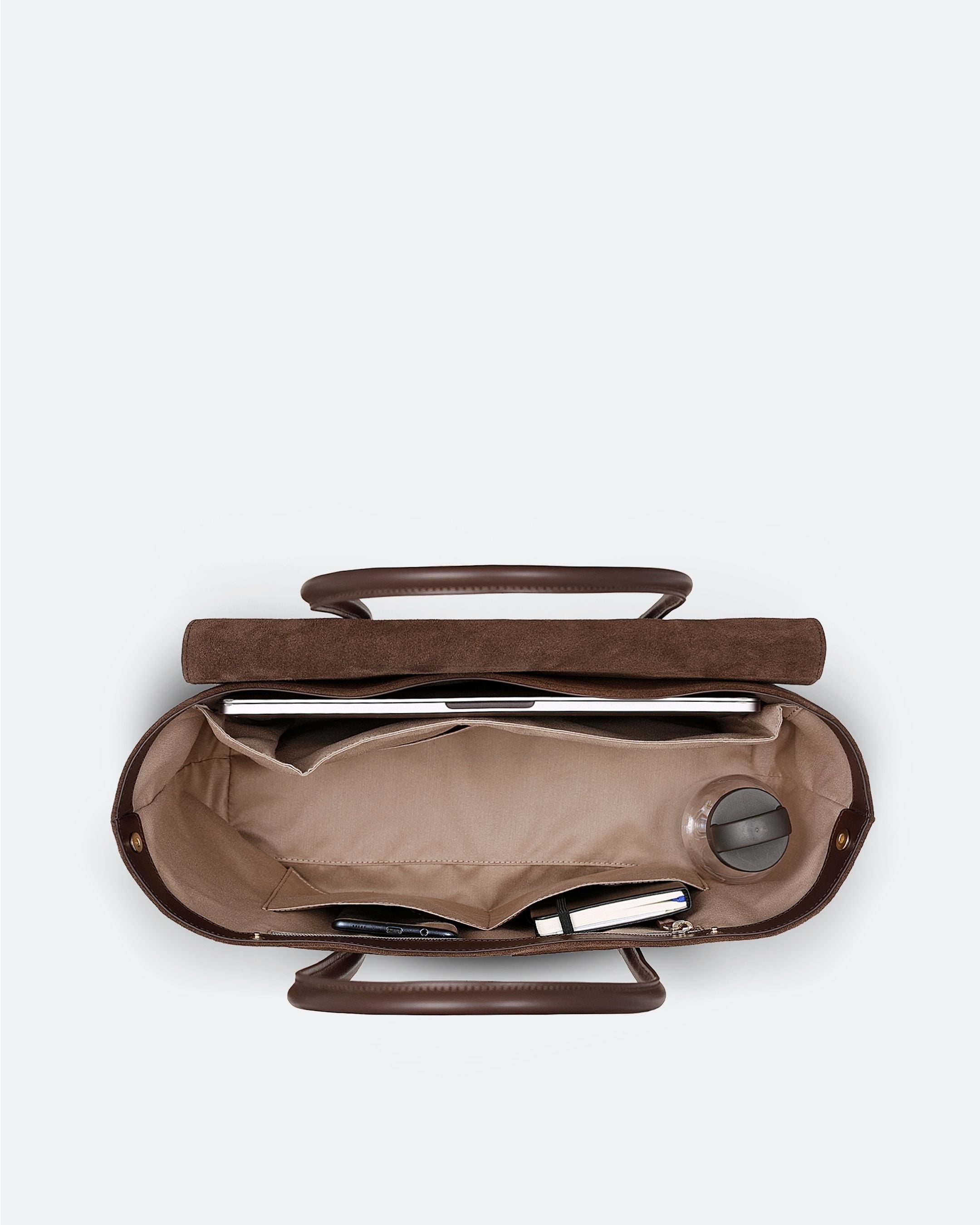 ALEMI Zurich | IDA | Laptop Bag | Dark Brown | Suede Leather | Bag inside