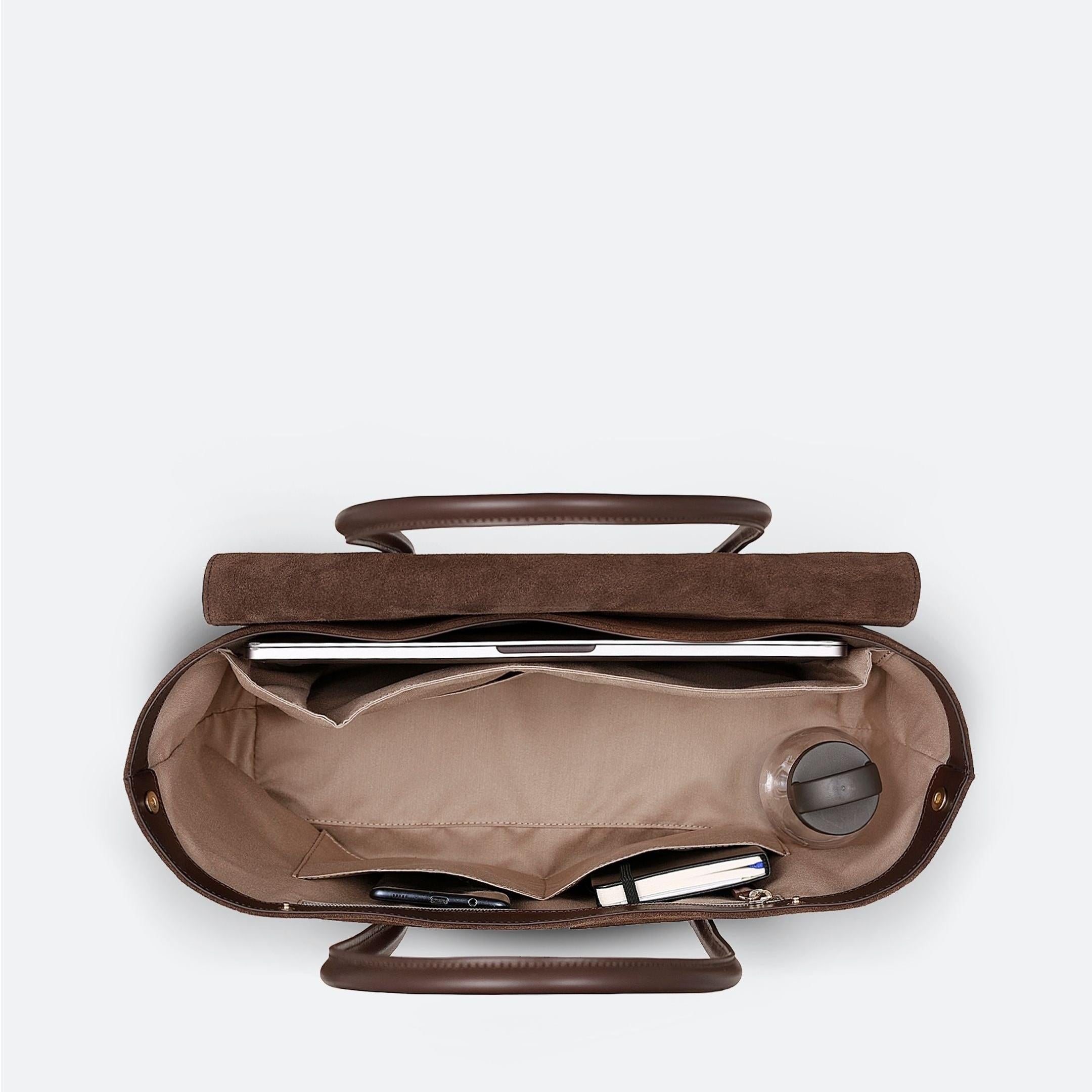 ALEMI Zurich | IDA | Laptop Bag | Dark Brown | Suede Leather | Bag inside
