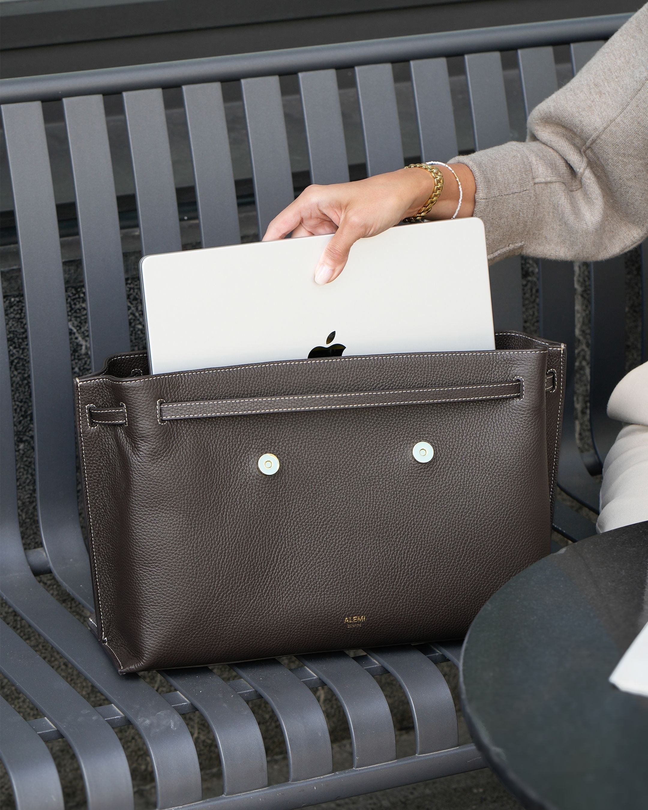 ALEMI Zurich | VIADUKT WORK | Laptop Bag | Dark Brown | Soft Grain Leather | Bag on suitcase