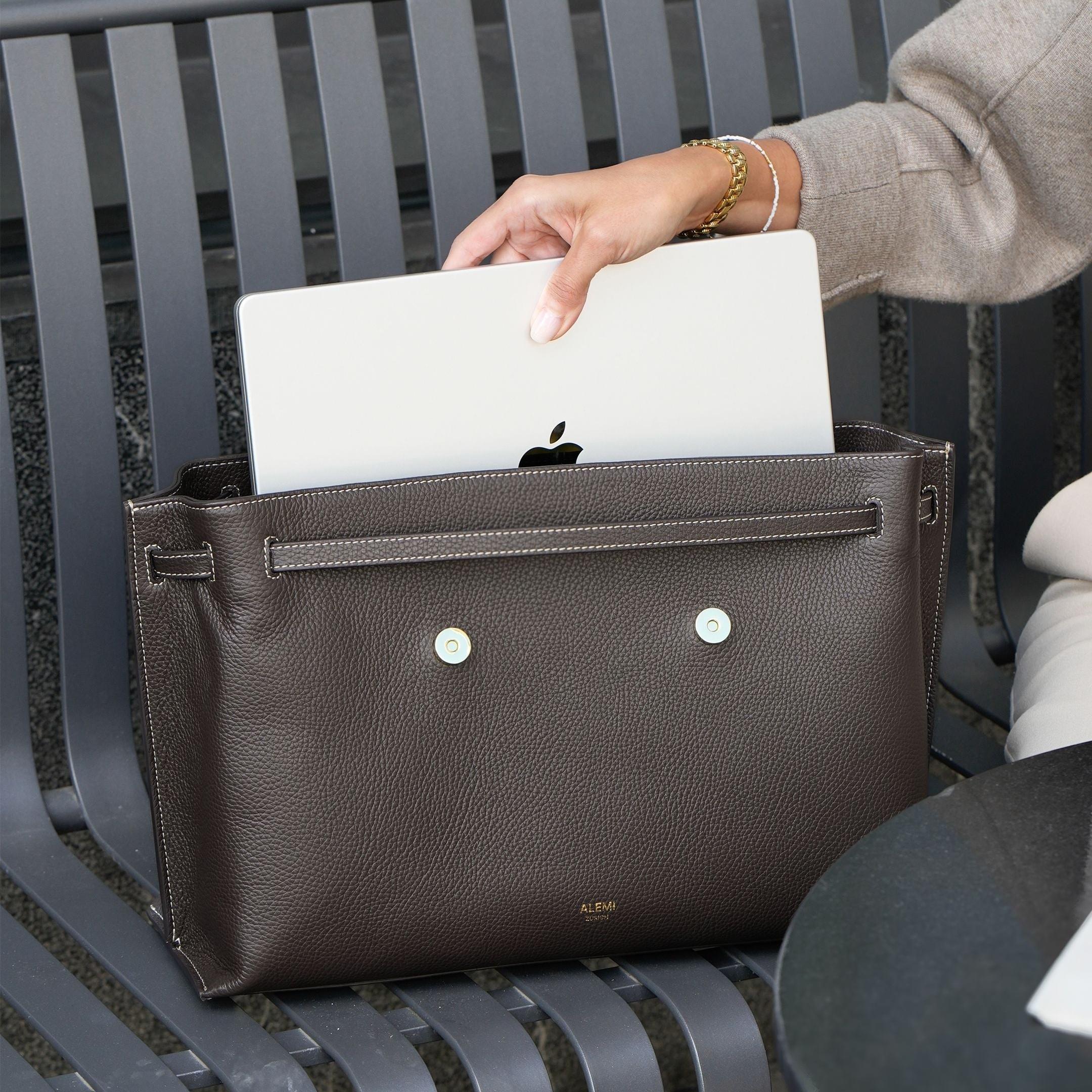 ALEMI Zurich | VIADUKT WORK | Laptop Bag | Dark Brown | Soft Grain Leather | Bag on suitcase