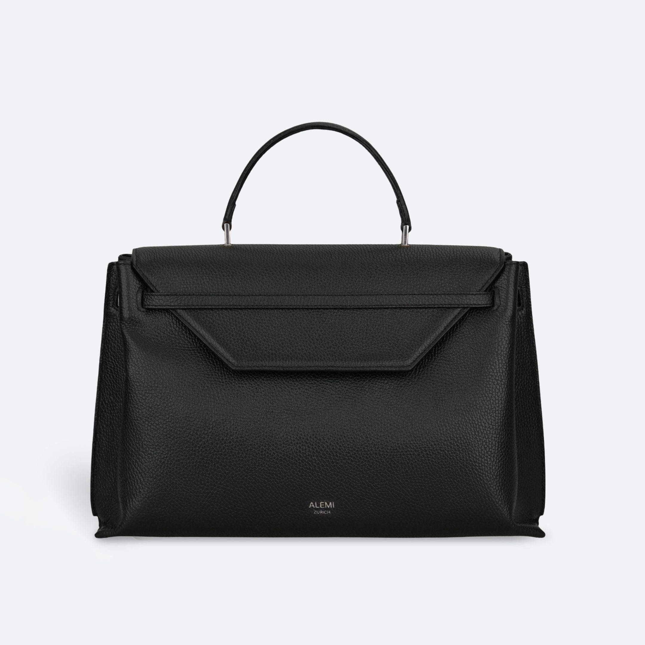 ALEMI Zurich | VIADUKT WORK | Laptop Bag | Black with Silver Hardware | Soft Grain Leather | Bag front