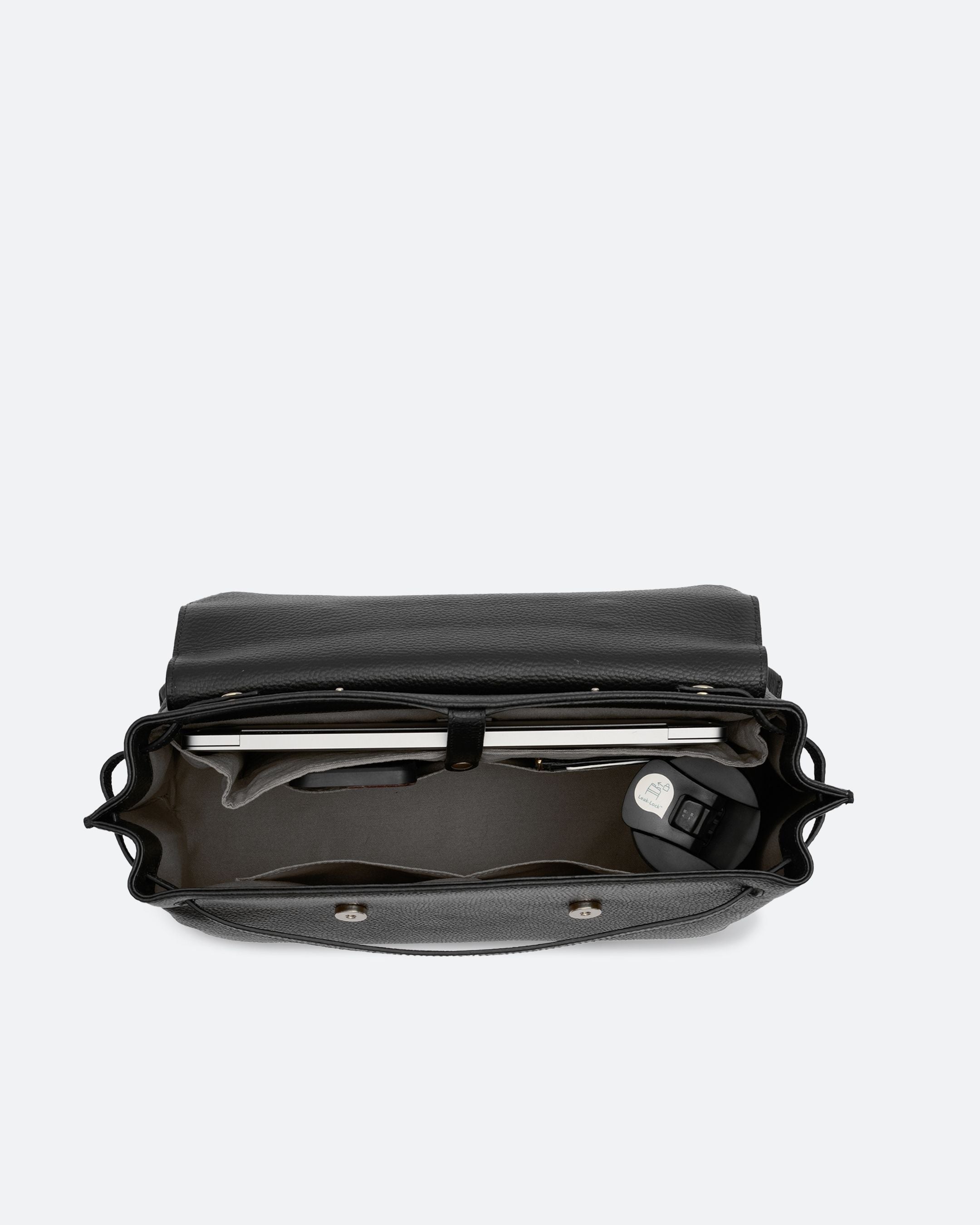 ALEMI Zurich | VIADUKT WORK | Laptop Bag | Black with Silver Hardware | Soft Grain Leather | Bag inside