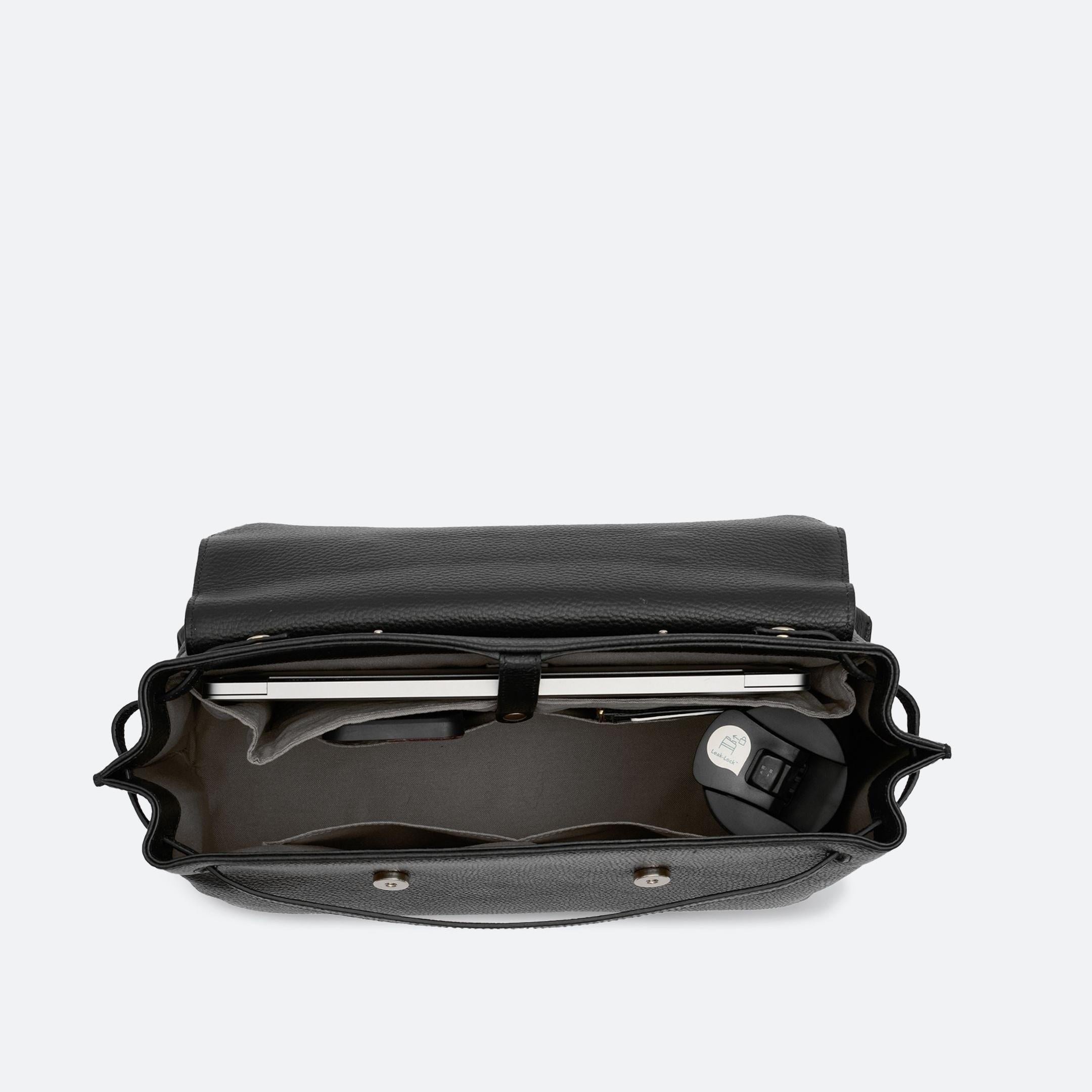 ALEMI Zurich | VIADUKT WORK | Laptop Bag | Black with Silver Hardware | Soft Grain Leather | Bag inside