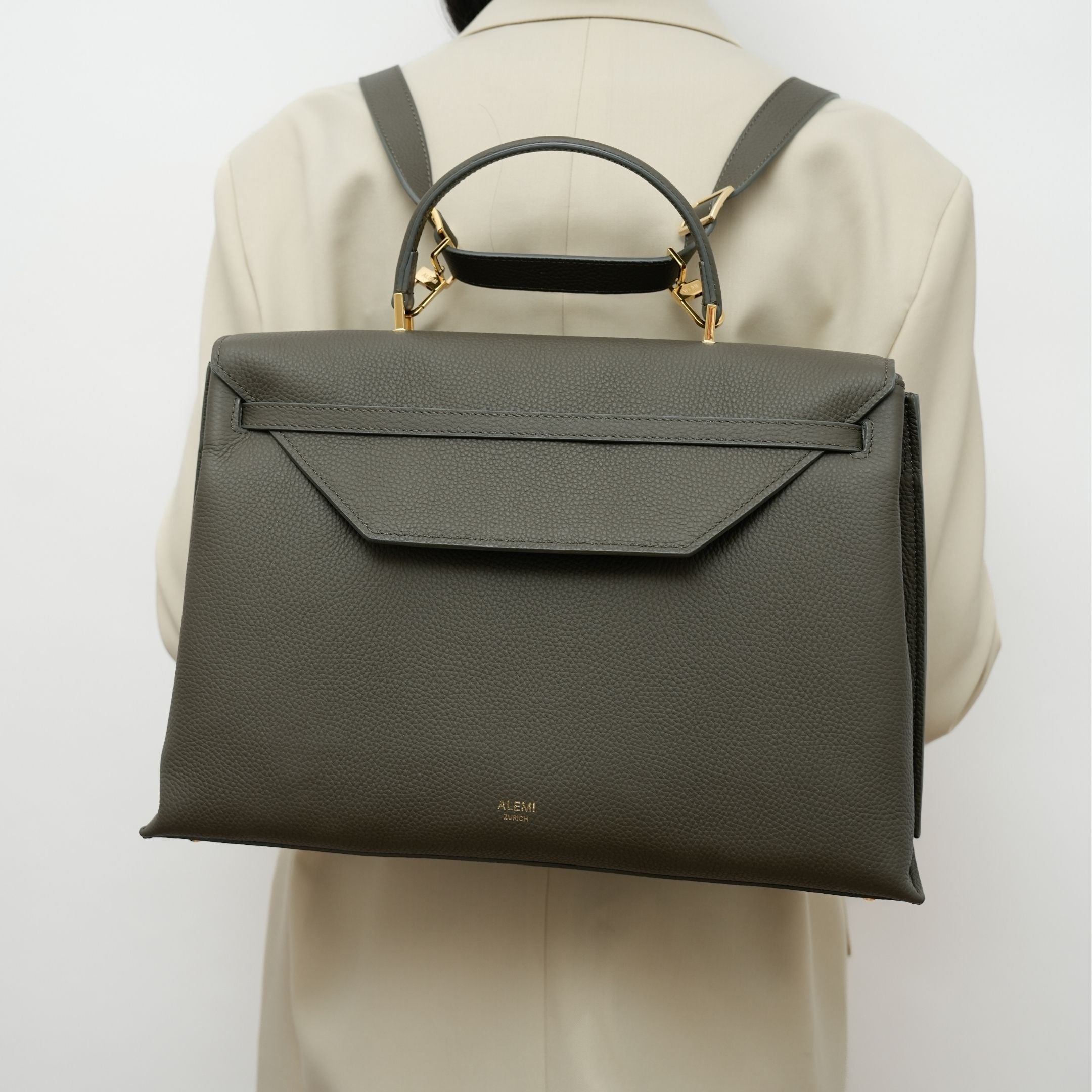 ALEMI Zurich | VIADUKT WORK | Laptop Bag | Olive Green | Soft Grain Leather | Bag as backpack