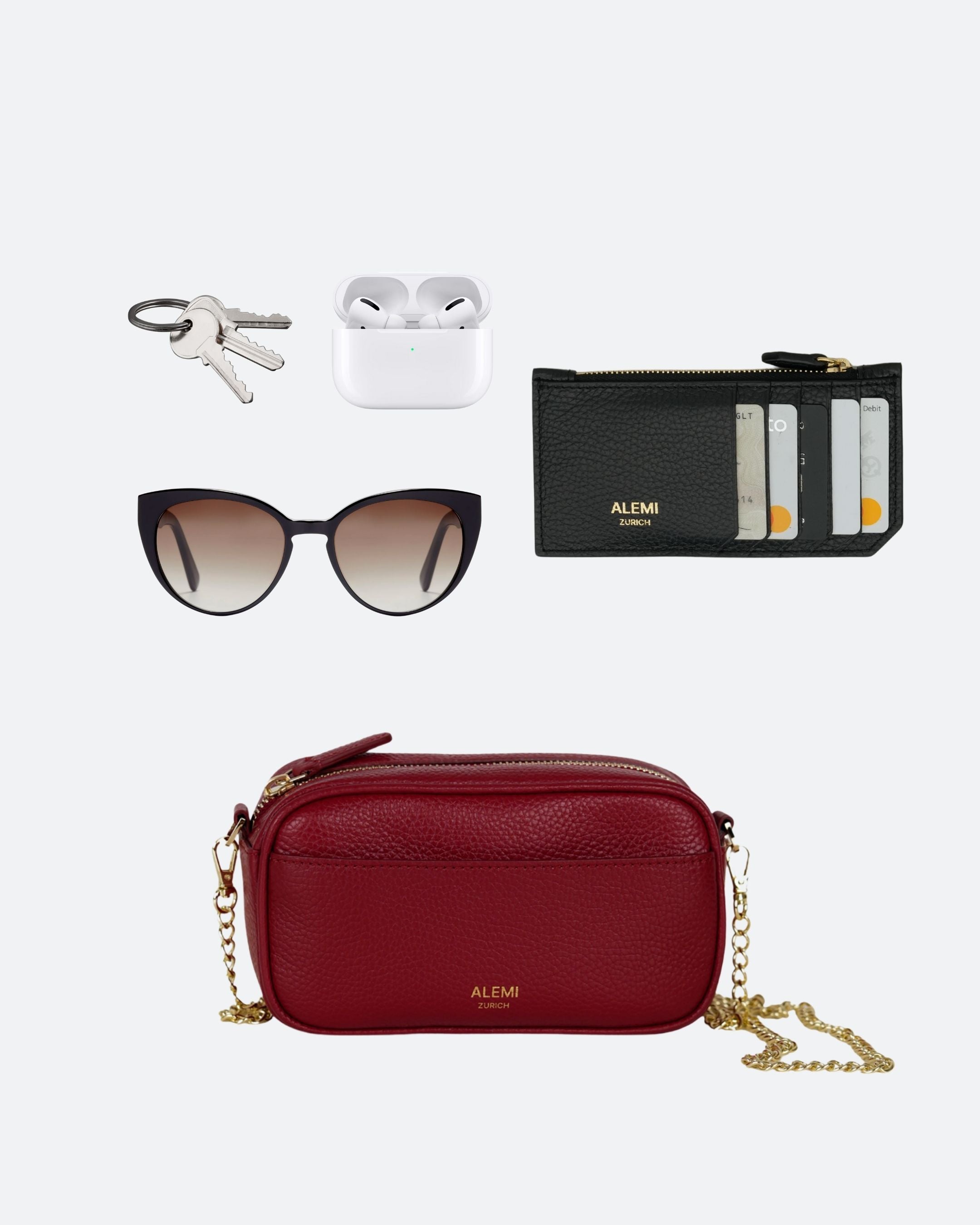 ALEMI Zurich | BELVOIR | Small Bag | Red | Soft Grain Leather | Bag with  items