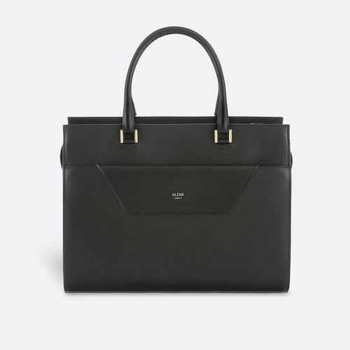 ALEMI Zurich | CENTRAL | Laptop Bag | Black | Pebbled Leather | Bag front