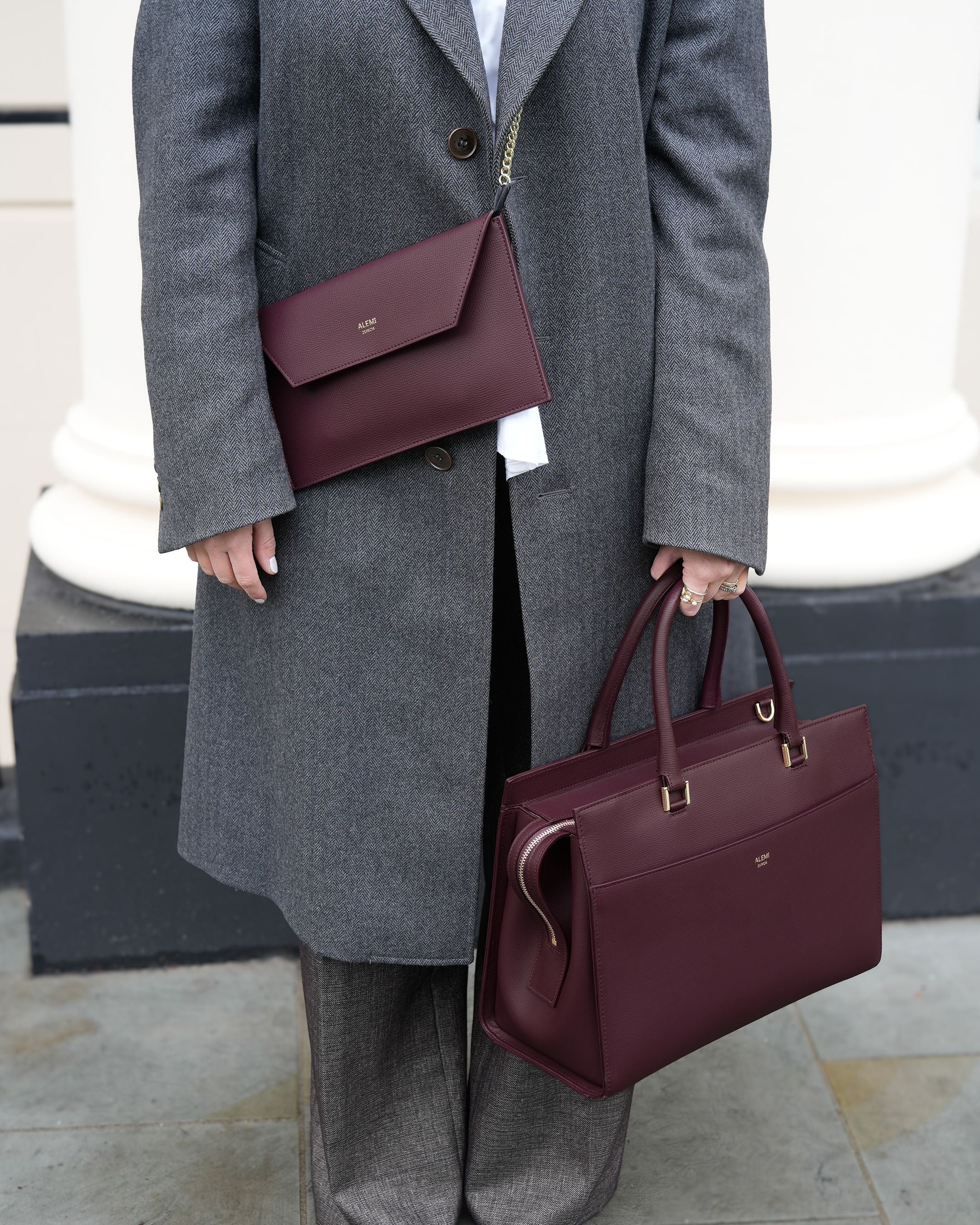 ALEMI Zurich | CENTRAL | Laptop Bag | Maroon Red | Pebbled Leather | Bag and Clutch