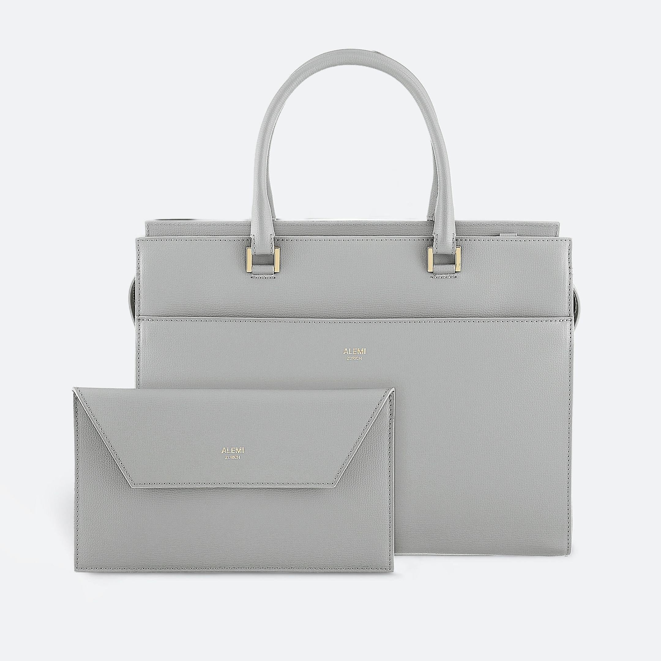 ALEMI Zurich | CENTRAL | Laptop Bag | Slate Gray | Pebbled Leather | Bag front with Clutch extra