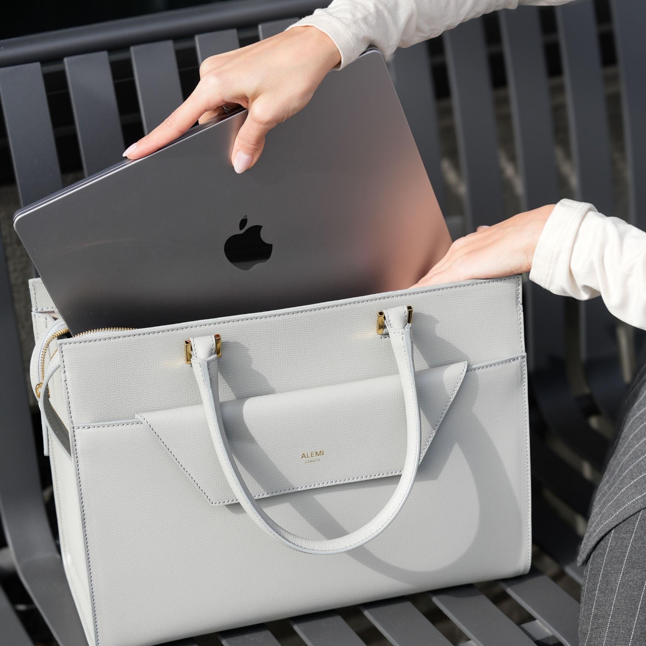 ALEMI Zurich | CENTRAL | Laptop Bag | Slate Gray | Pebbled Leather | Bag with laptop