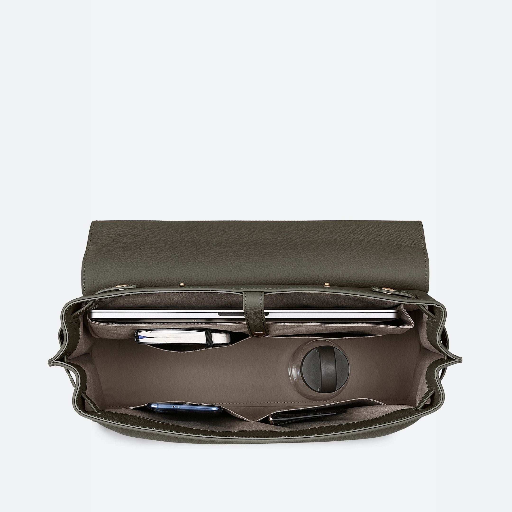 ALEMI Zurich | VIADUKT WORK | Laptop Bag | Olive Green | Soft Grain Leather | Bag inside